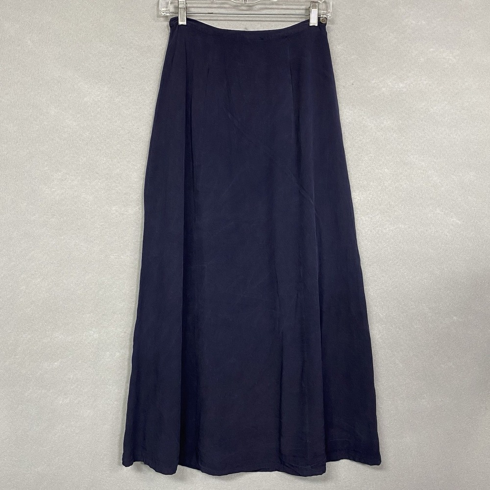 Laura Ashley Women 6 Long Skirt Navy Blue Silk Vintage Minimalist Luxury